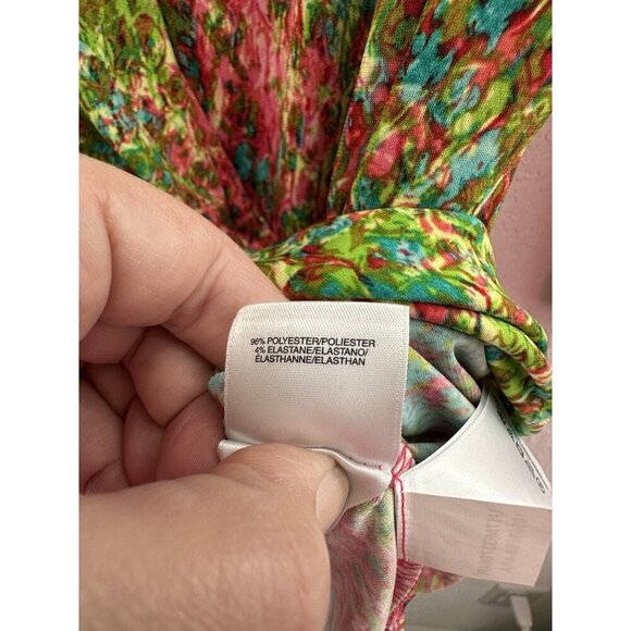 Anne Klein Womens Faux Wrap Blouse L Multicolor 3/4 Sleeve Abstract Peacock Work - Picture 9 of 15